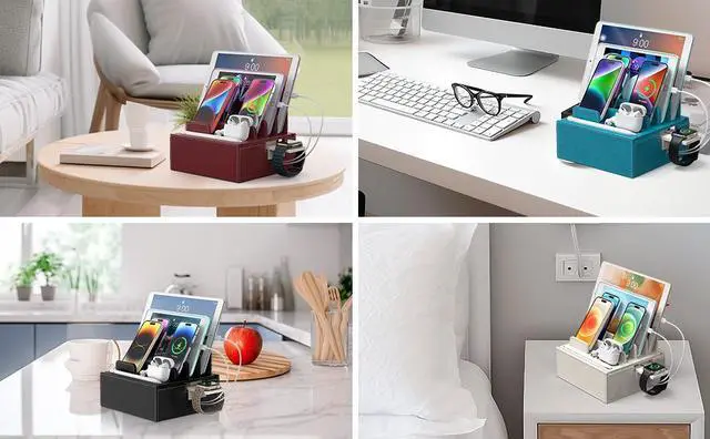 Alt view image 5 of 6 - Beebo Beabo Leather Charging Station for Multiple Devices, Dock Station Rack for Cell Phones, Tablet, Smart Watch & Earbud(Blue&Red)
