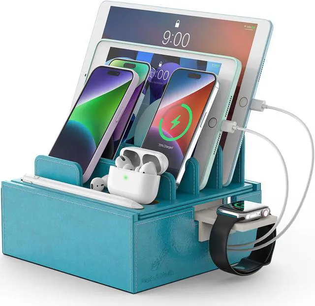 Main image of Beebo Beabo Leather Charging Station for Multiple Devices, Dock Station Rack for Cell Phones, Tablet, Smart Watch & Earbud(Blue&Red)