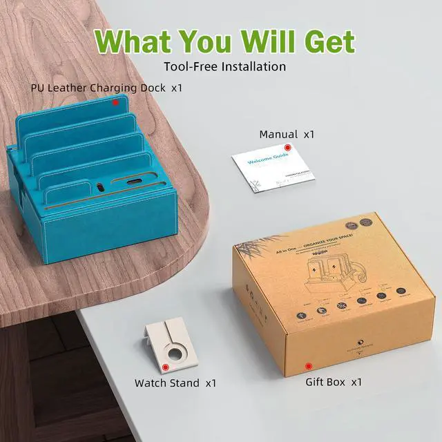 Alt view image 4 of 6 - Beebo Beabo Leather Charging Station for Multiple Devices, Dock Station Rack for Cell Phones, Tablet, Smart Watch & Earbud(Blue&Red)