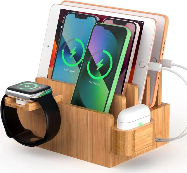 Main image of Beebo Beabo Bamboo Charging Station Desktop Docking Charging Stand Such As Cell Phone,For Family,Wood Docking Stand Electronic Organizer for Multiple Devices, Phones, Tablets and More,Gifts for Father