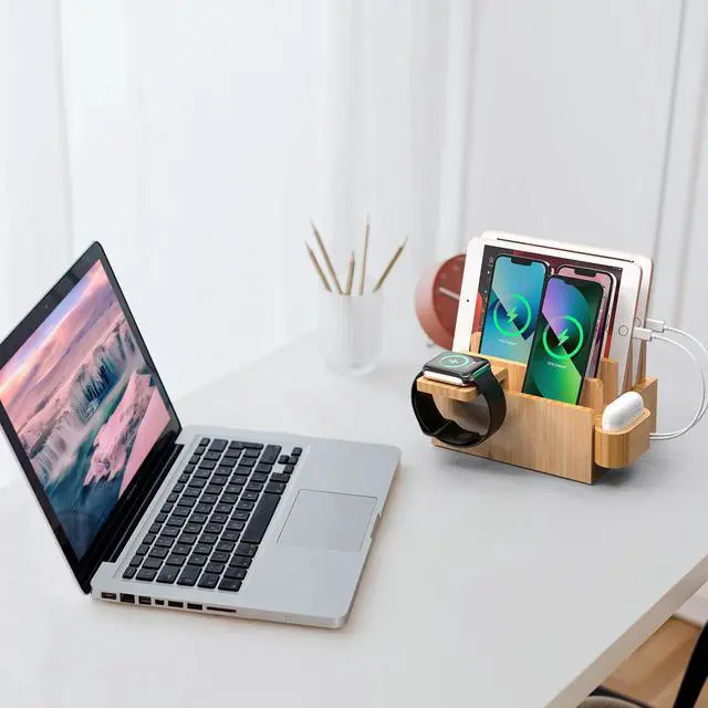 Alt view image 6 of 7 - Beebo Beabo Bamboo Charging Station Desktop Docking Charging Stand Such As Cell Phone,For Family,Wood Docking Stand Electronic Organizer for Multiple Devices, Phones, Tablets and More,Gifts for Father