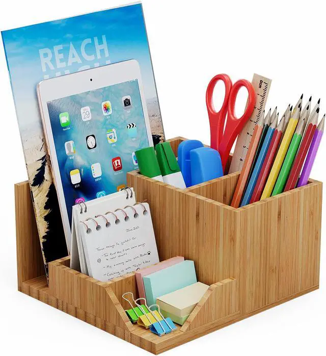 Main image of Beebo Beabo Bamboo Desk Organizer Tray, Adjustable Office Supplies Pencil Stationery Caddy, Small Desktop Organizer Pen Holder, Desk Organization Storage Boxes and Accessories for Home Office