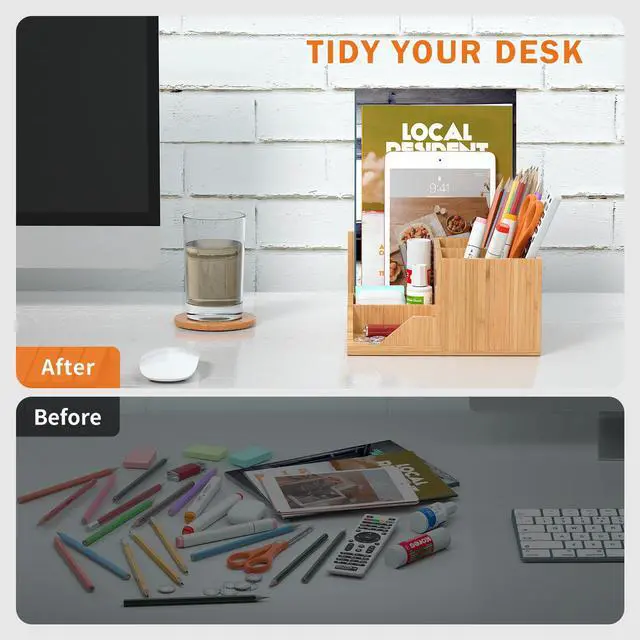 Alt view image 6 of 7 - Beebo Beabo Bamboo Desk Organizer Tray, Adjustable Office Supplies Pencil Stationery Caddy, Small Desktop Organizer Pen Holder, Desk Organization Storage Boxes and Accessories for Home Office