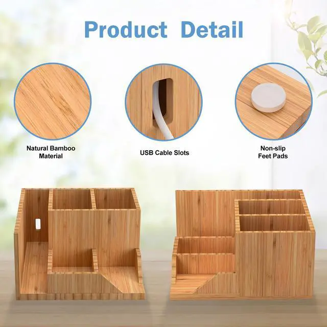 Alt view image 3 of 7 - Beebo Beabo Bamboo Desk Organizer Tray, Adjustable Office Supplies Pencil Stationery Caddy, Small Desktop Organizer Pen Holder, Desk Organization Storage Boxes and Accessories for Home Office