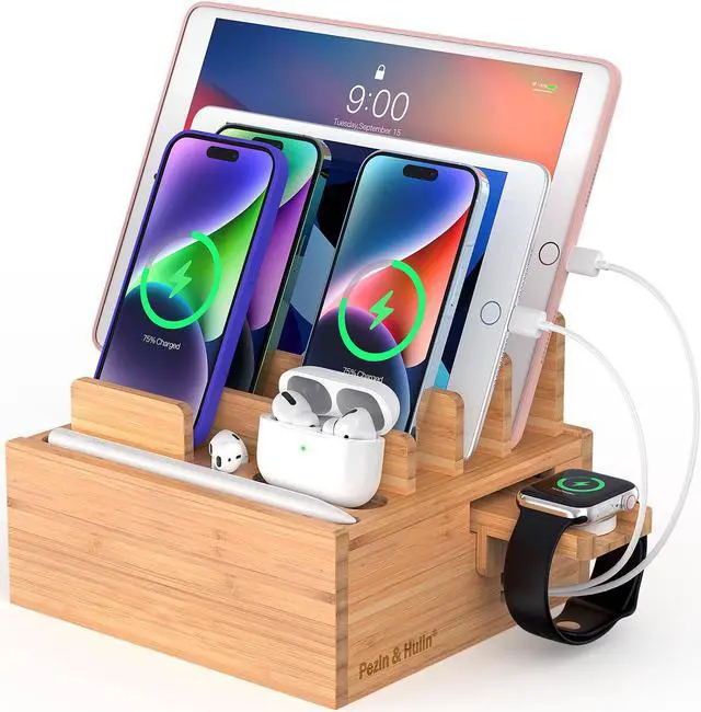 Main image of Beebo Beabo Bamboo Charging StationV4 Desktop Docking Charging Stand Such As Cell Phone,For Family,Wood Docking Stand Electronic Organizer for Multiple Devices, Phones, Tablets ,Apple pencil, Laptop