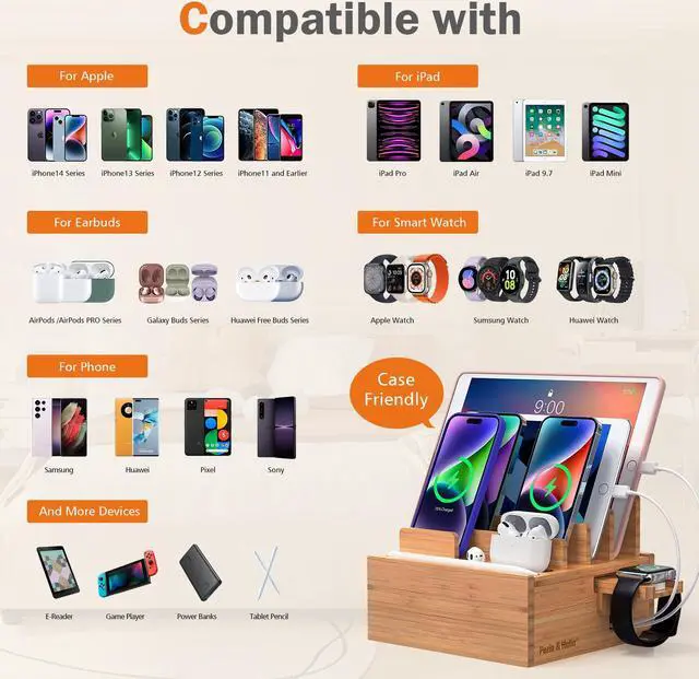 Alt view image 6 of 6 - Beebo Beabo Bamboo Charging StationV4 Desktop Docking Charging Stand Such As Cell Phone,For Family,Wood Docking Stand Electronic Organizer for Multiple Devices, Phones, Tablets ,Apple pencil, Laptop