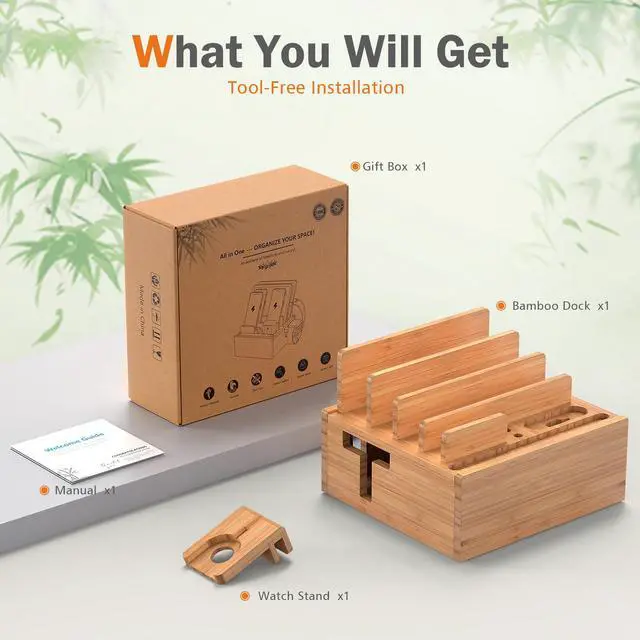 Alt view image 5 of 6 - Beebo Beabo Bamboo Charging StationV4 Desktop Docking Charging Stand Such As Cell Phone,For Family,Wood Docking Stand Electronic Organizer for Multiple Devices, Phones, Tablets ,Apple pencil, Laptop