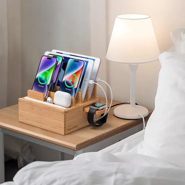 Alt view image 2 of 6 - Beebo Beabo Bamboo Charging StationV4 Desktop Docking Charging Stand Such As Cell Phone,For Family,Wood Docking Stand Electronic Organizer for Multiple Devices, Phones, Tablets ,Apple pencil, Laptop