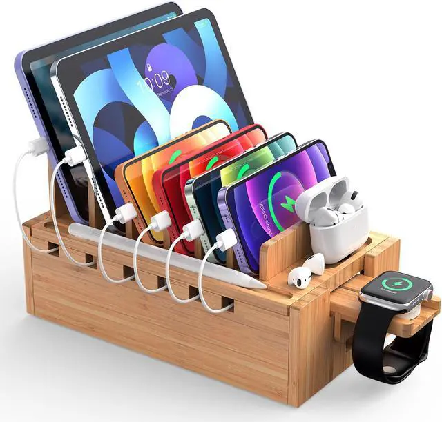 Main image of Beebo Beabo Bamboo Charging Station Organizer for Multiple Devices & Wood Desktop Docking Charging Stand Such As Cell Phone, Tablets,V2,Gifts for Father