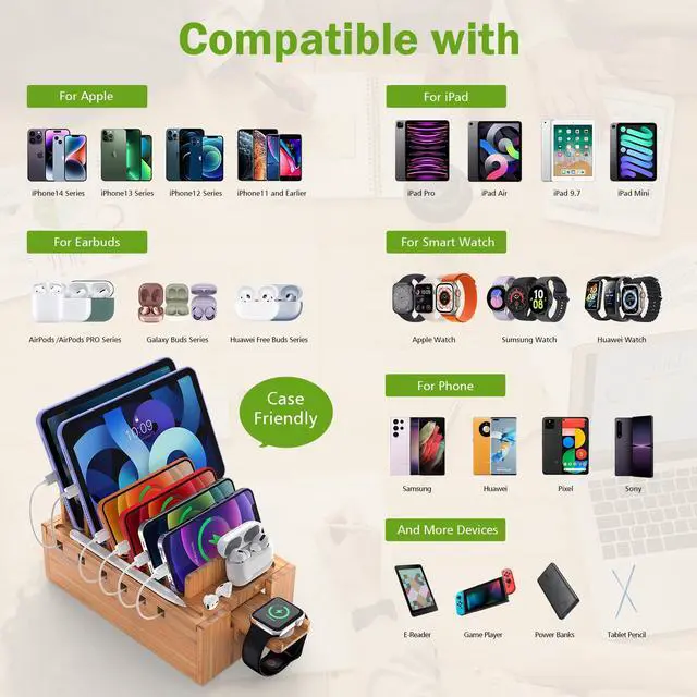 Alt view image 7 of 7 - Beebo Beabo Bamboo Charging Station Organizer for Multiple Devices & Wood Desktop Docking Charging Stand Such As Cell Phone, Tablets,V2,Gifts for Father