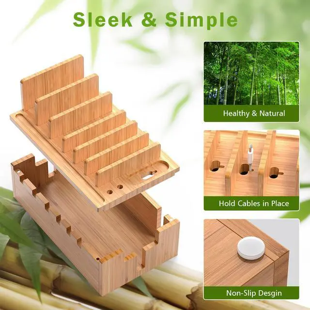 Alt view image 4 of 7 - Beebo Beabo Bamboo Charging Station Organizer for Multiple Devices & Wood Desktop Docking Charging Stand Such As Cell Phone, Tablets,V2,Gifts for Father