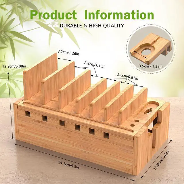 Alt view image 3 of 7 - Beebo Beabo Bamboo Charging Station Organizer for Multiple Devices & Wood Desktop Docking Charging Stand Such As Cell Phone, Tablets,V2,Gifts for Father