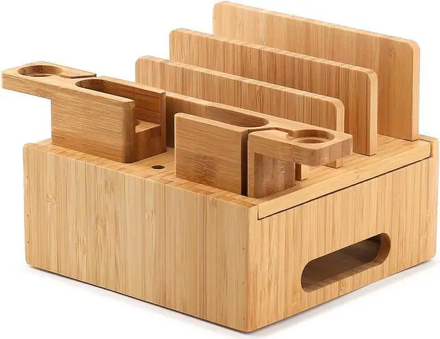 Alt view image 2 of 7 - Bamboo Charging Station for Multiple Devices,Wooden Charging Station Organizer Cell Phone Dock Desk Organizer,Wood Docking Device Organizer(5 USB Cables, 5-Port USB Charging Stations)Gifts for Father