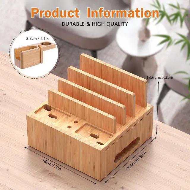 Alt view image 4 of 7 - Bamboo Charging Station for Multiple Devices,Wooden Charging Station Organizer Cell Phone Dock Desk Organizer,Wood Docking Device Organizer(5 USB Cables, 5-Port USB Charging Stations)Gifts for Father