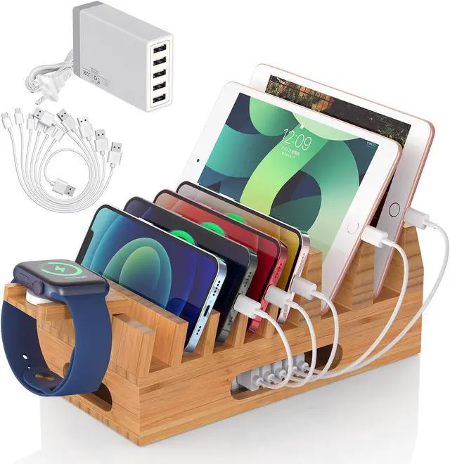 Main image of Beebo Beabo Bamboo Charging Station Organizer for Multiple Devices & Wood Desktop Docking Charging Stand Such As Cell Phone, Tablets,V1(5 USB Cables, 5-Port USB Charging Stations)