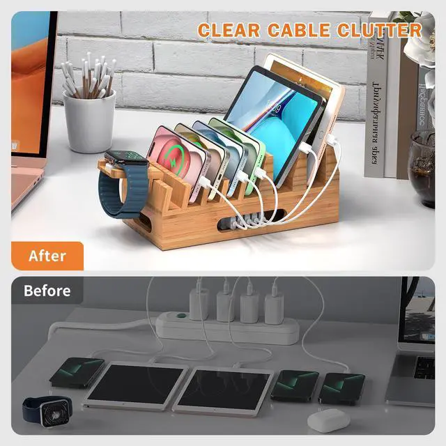 Alt view image 5 of 7 - Beebo Beabo Bamboo Charging Station Organizer for Multiple Devices & Wood Desktop Docking Charging Stand Such As Cell Phone, Tablets,V1(5 USB Cables, 5-Port USB Charging Stations)