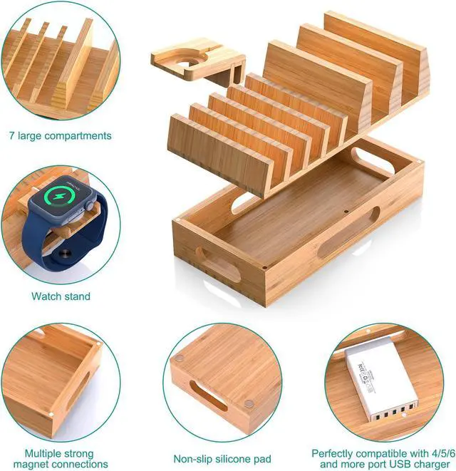 Alt view image 3 of 7 - Beebo Beabo Bamboo Charging Station Organizer for Multiple Devices & Wood Desktop Docking Charging Stand Such As Cell Phone, Tablets,V1(5 USB Cables, 5-Port USB Charging Stations)