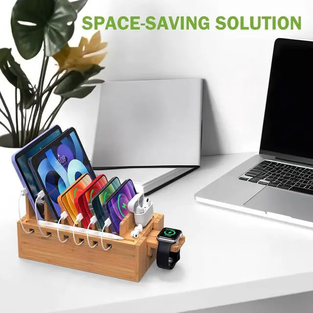 Alt view image 2 of 6 - Beebo Beabo Bamboo Charging Station Organizer for Multiple Devices & Wood Desktop Docking Charging Stand Such As Cell Phone, Tablets,V2(5 USB Cables, 5-Port USB Charging Stations) Gifts for Father