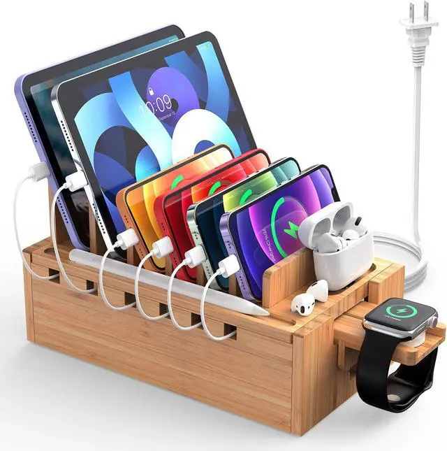 Main image of Beebo Beabo Bamboo Charging Station Organizer for Multiple Devices & Wood Desktop Docking Charging Stand Such As Cell Phone, Tablets,V2(5 USB Cables, 5-Port USB Charging Stations) Gifts for Father