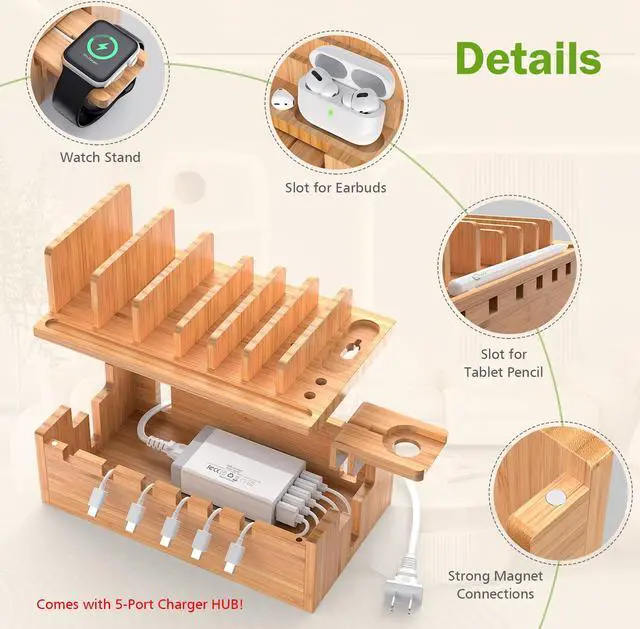 Alt view image 4 of 6 - Beebo Beabo Bamboo Charging Station Organizer for Multiple Devices & Wood Desktop Docking Charging Stand Such As Cell Phone, Tablets,V2(5 USB Cables, 5-Port USB Charging Stations) Gifts for Father