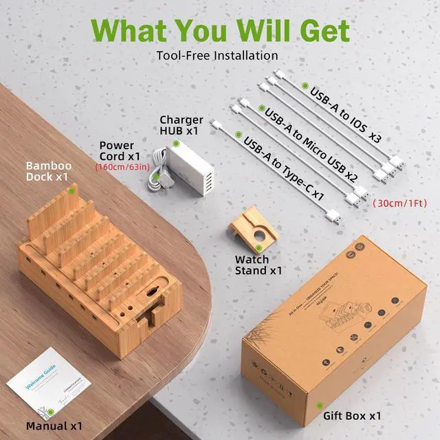 Alt view image 5 of 6 - Beebo Beabo Bamboo Charging Station Organizer for Multiple Devices & Wood Desktop Docking Charging Stand Such As Cell Phone, Tablets,V2(5 USB Cables, 5-Port USB Charging Stations) Gifts for Father
