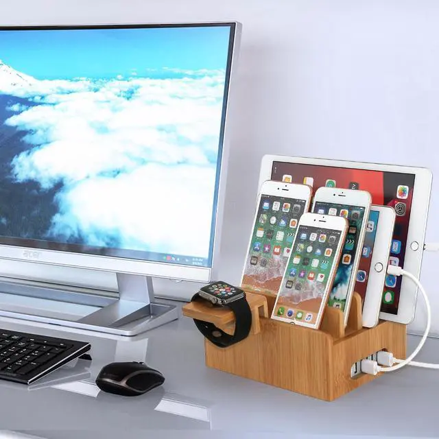 Alt view image 4 of 7 - Beebo Beabo Bamboo,Charging StationV2 Desktop Docking Charging Stand Such As Cell Phone,Wood Docking Stand Electronic Organizer for Multiple Devices, 6 USB Cables, 5-Port USB Charging Stations