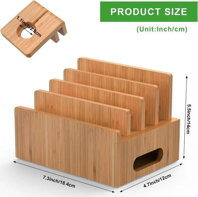 Alt view image 3 of 7 - Beebo Beabo Bamboo,Charging StationV2 Desktop Docking Charging Stand Such As Cell Phone,Wood Docking Stand Electronic Organizer for Multiple Devices, 6 USB Cables, 5-Port USB Charging Stations