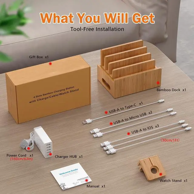 Alt view image 6 of 7 - Beebo Beabo Bamboo,Charging StationV2 Desktop Docking Charging Stand Such As Cell Phone,Wood Docking Stand Electronic Organizer for Multiple Devices, 6 USB Cables, 5-Port USB Charging Stations