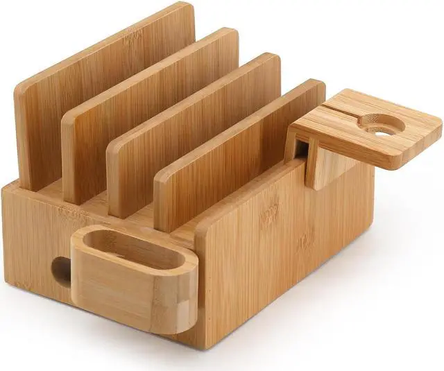 Alt view image 2 of 7 - Beebo Beabo Bamboo Charging Station Desktop Docking Charging Stand Such As Cell Phone,For Family,Wood Docking Stand Electronic Organizer for Multiple Devices,5 USB Cables, 5-Port USB Charging Station