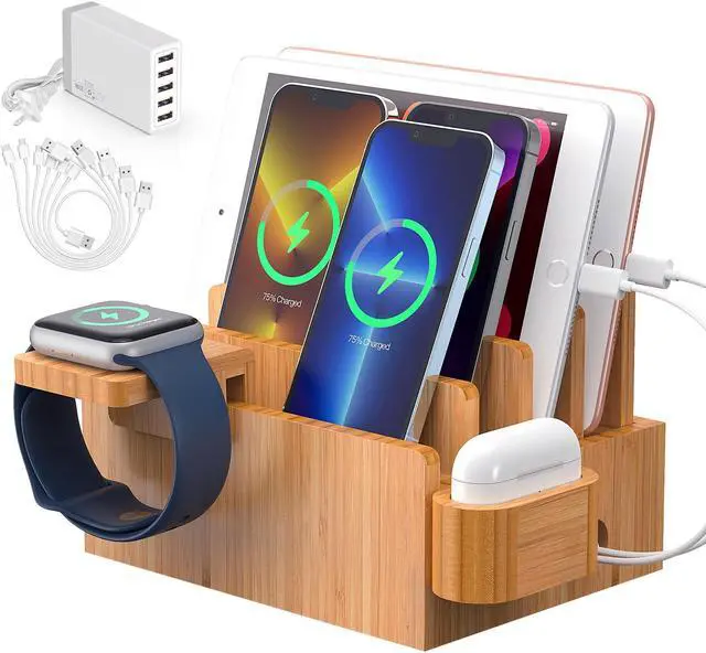 Main image of Beebo Beabo Bamboo Charging Station Desktop Docking Charging Stand Such As Cell Phone,For Family,Wood Docking Stand Electronic Organizer for Multiple Devices,5 USB Cables, 5-Port USB Charging Station