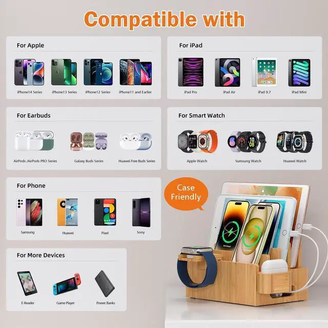 Alt view image 7 of 7 - Beebo Beabo Bamboo Charging Station Desktop Docking Charging Stand Such As Cell Phone,For Family,Wood Docking Stand Electronic Organizer for Multiple Devices,5 USB Cables, 5-Port USB Charging Station