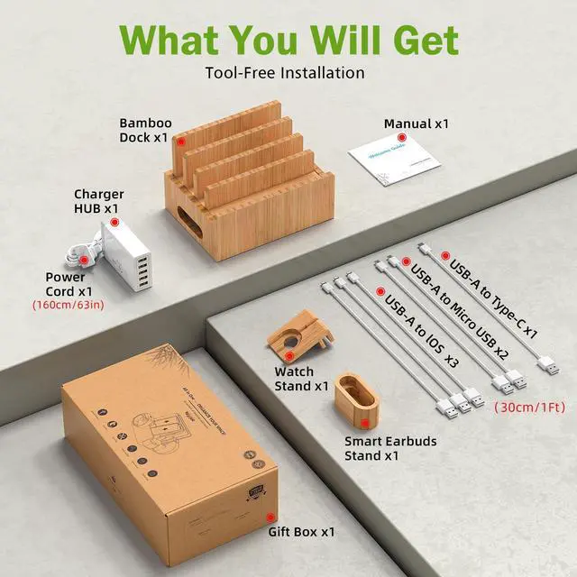 Alt view image 6 of 7 - Beebo Beabo Bamboo Charging Station Desktop Docking Charging Stand Such As Cell Phone,For Family,Wood Docking Stand Electronic Organizer for Multiple Devices,5 USB Cables, 5-Port USB Charging Station