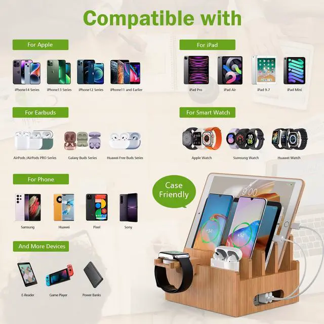 Alt view image 7 of 7 - Beebo Beabo Bamboo,Charging StationV3 Desktop Docking Charging Stand Such As Cell Phone,,Wood Docking Stand Electronic Organizer for Multiple Devices(6 USB Cables, 5-Port USB Charging Stations)