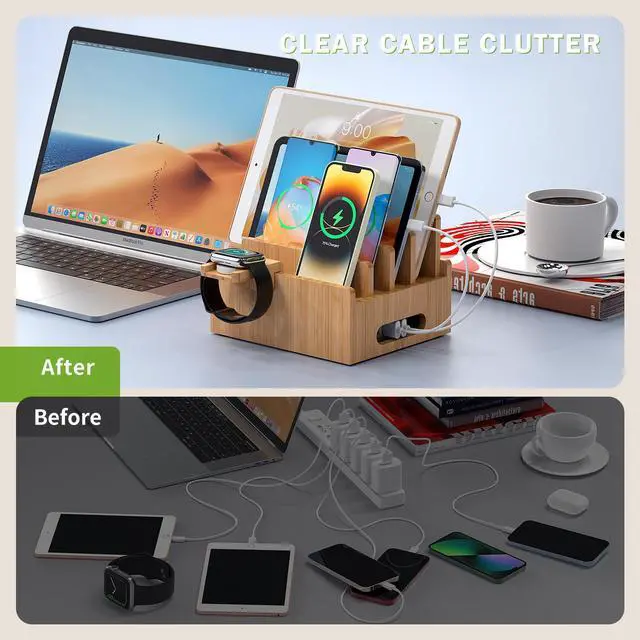 Alt view image 5 of 7 - Beebo Beabo Bamboo,Charging StationV3 Desktop Docking Charging Stand Such As Cell Phone,,Wood Docking Stand Electronic Organizer for Multiple Devices(6 USB Cables, 5-Port USB Charging Stations)