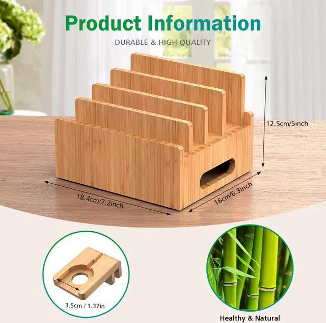 Alt view image 3 of 7 - Beebo Beabo Bamboo,Charging StationV3 Desktop Docking Charging Stand Such As Cell Phone,,Wood Docking Stand Electronic Organizer for Multiple Devices(6 USB Cables, 5-Port USB Charging Stations)