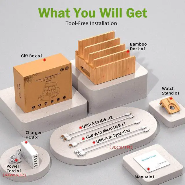 Alt view image 6 of 7 - Beebo Beabo Bamboo,Charging StationV3 Desktop Docking Charging Stand Such As Cell Phone,,Wood Docking Stand Electronic Organizer for Multiple Devices(6 USB Cables, 5-Port USB Charging Stations)