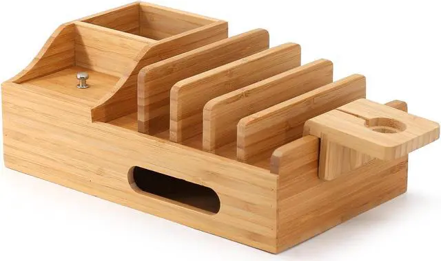 Alt view image 2 of 7 - Beebo Beabo Bamboo Charging Station Organizer for Multiple Devices & Wood Desktop Docking Charging Stand Such As Cell Phone, Tablets(6 USB Cables, 5-Port USB Charging Stations) Gifts for Father