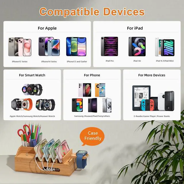 Alt view image 7 of 7 - Beebo Beabo Bamboo Charging Station Organizer for Multiple Devices & Wood Desktop Docking Charging Stand Such As Cell Phone, Tablets(6 USB Cables, 5-Port USB Charging Stations) Gifts for Father