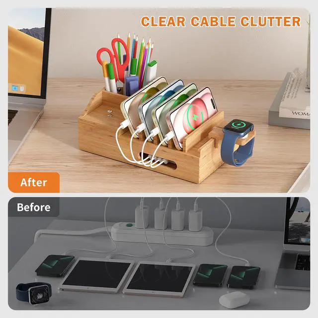 Alt view image 4 of 7 - Beebo Beabo Bamboo Charging Station Organizer for Multiple Devices & Wood Desktop Docking Charging Stand Such As Cell Phone, Tablets(6 USB Cables, 5-Port USB Charging Stations) Gifts for Father