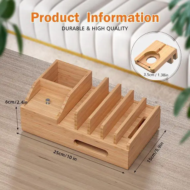Alt view image 3 of 7 - Beebo Beabo Bamboo Charging Station Organizer for Multiple Devices & Wood Desktop Docking Charging Stand Such As Cell Phone, Tablets(6 USB Cables, 5-Port USB Charging Stations) Gifts for Father