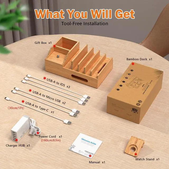 Alt view image 6 of 7 - Beebo Beabo Bamboo Charging Station Organizer for Multiple Devices & Wood Desktop Docking Charging Stand Such As Cell Phone, Tablets(6 USB Cables, 5-Port USB Charging Stations) Gifts for Father