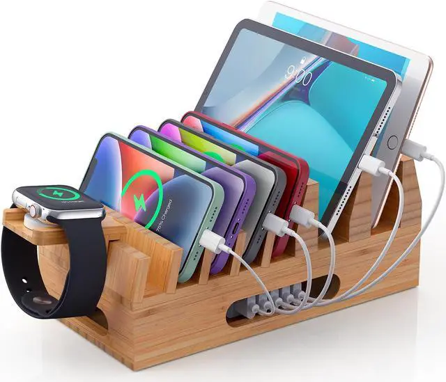 Main image of Beebo Beabo Bamboo Charging Station Organizer for Multiple Devices & Wood Desktop Docking Charging Stand Such As Cell Phone, Tablets,V1,Gifts for Father