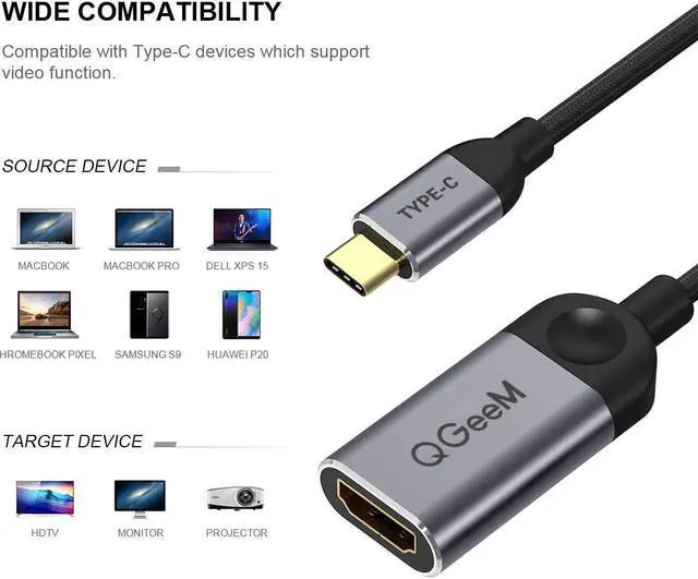 Alt view image 4 of 6 - QGeeM USB C to HDMI Adapter 4K Cable, USB Type-C to HDMI Adapter [Thunderbolt 3 Compatible] Compatible with MacBook Pro 2016-2020,Samsung Galaxy S9/S8,Surface Book 2, Dell XPS 13/15 More Type-C Device