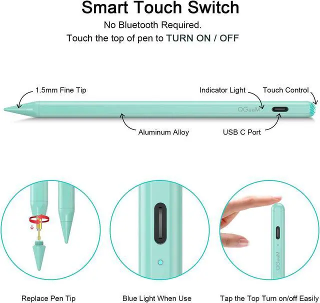 Alt view image 5 of 7 - Stylus Pen for iPad with Palm Rejection, QGeeM iPad Pencil Compatible with (2018-2021) Apple iPad Pro (11/12.9 Inch),iPad 6th/7th/8th Gen,iPad Mini 5th Gen,iPad Air 3rd/4th Gen ,Apple Pencil-Green
