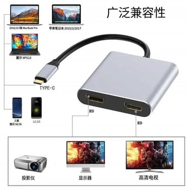 Alt view image 2 of 7 - USB C to Dual HDMI 4K Monitor Adapter, Dual Monitors Adapter USB C Hub with 2 HDMI 4K @60hz for Laptop MacBook,Samsung,Dell,HP,etc(UH02-24-A-0.12-SY-V1-S1)
