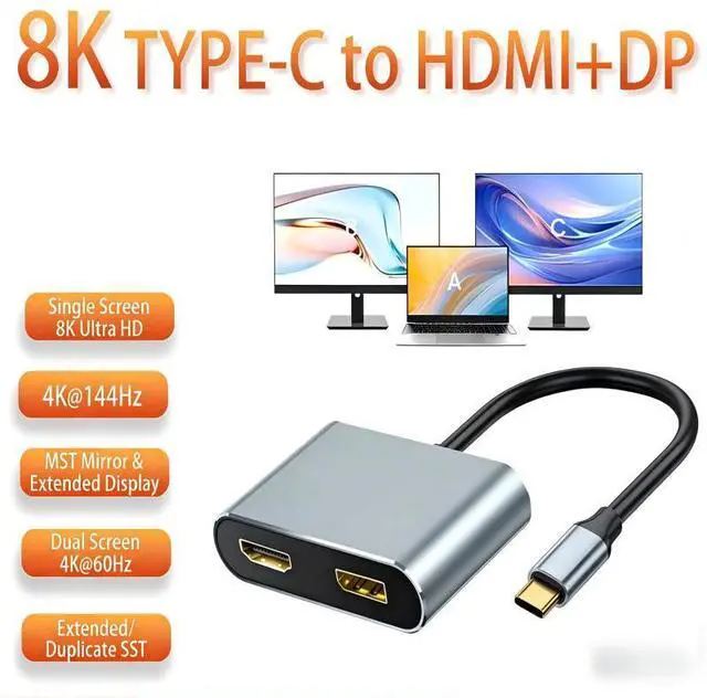 Main image of USB C to DisplayPort(DP 4k@144Hz) and HDMI Adapter 8K, Dual Monitor Adapter for Dell HP Surface Laptops,USB C Type C to HDMI+DP Hub Dongle 4K @60hz.(UH02-25-A-0.12-SY-V1-S1)
