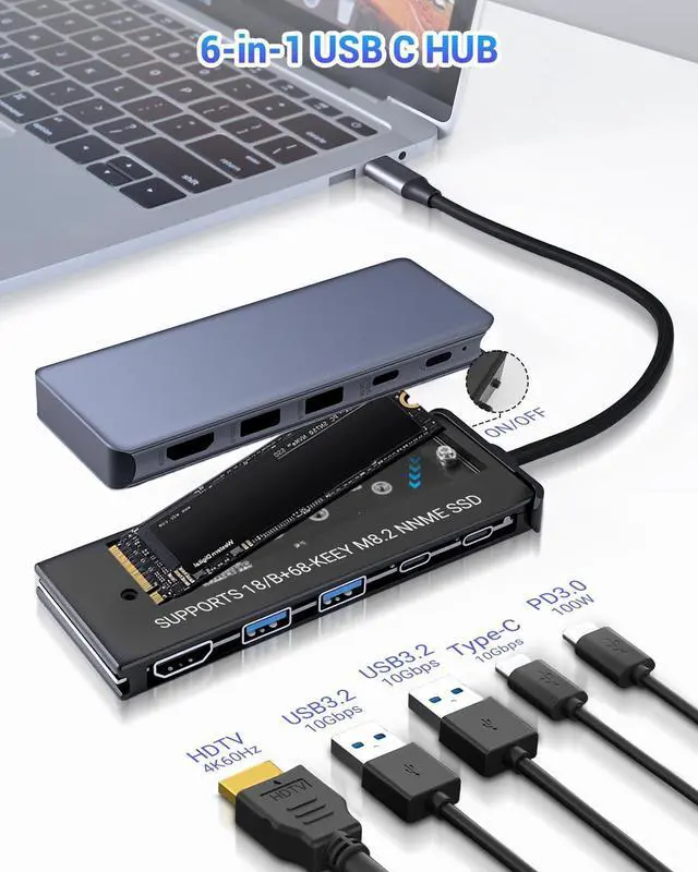 Alt view image 6 of 7 - 6 in 1 type-C Hub with M.2 NVMe SSD Enclosure, USB 3.2 10Gbps Ports, PD 100W , 4K@60Hz HDMI, High Speed USB NVMe Adapter, M.2 SSD Enclosure, Adapter for MacBook Pro/Air, Dell XPS-UH06-003