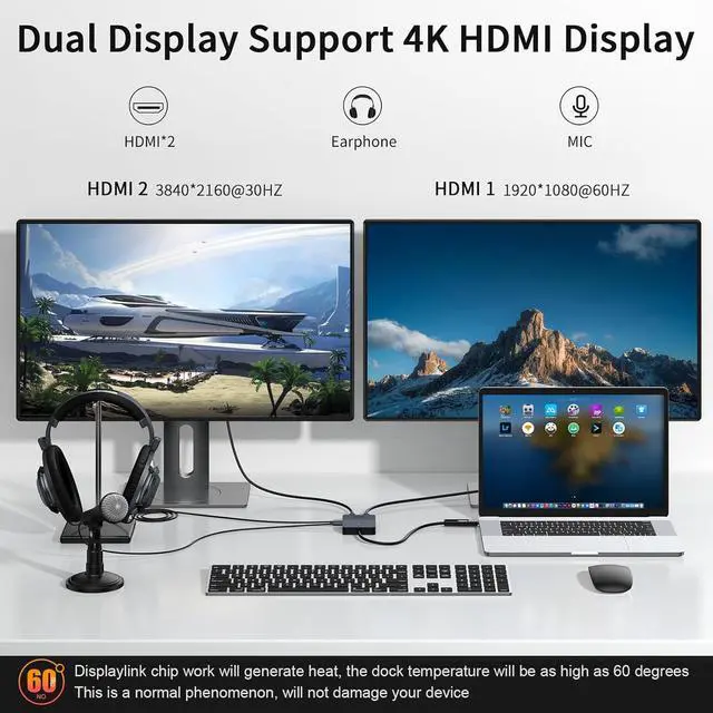 Alt view image 3 of 7 - Giq USB 3.0 to Dual HDMI Monitor Adapter 4K@ 30Hz+1080P@60Hz,Universal Video Graphics Card,USB to Hdmi Splitter Extender Monitor for USB 3.0 A or USB-C Hub Dock Compatible with Mac OS,Windows-D6102H