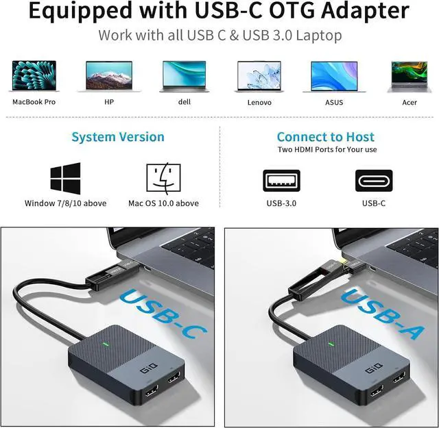 Alt view image 5 of 7 - Giq USB 3.0 to Dual HDMI Monitor Adapter 4K@ 30Hz+1080P@60Hz,Universal Video Graphics Card,USB to Hdmi Splitter Extender Monitor for USB 3.0 A or USB-C Hub Dock Compatible with Mac OS,Windows-D6102H