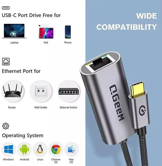 Alt view image 9 of 12 - QGeeM USB Type C to Ethernet Gigabit Adapter Thunderbolt 3 to RJ45 LAN Network Portable Cable USB C to Ethernet Adapter